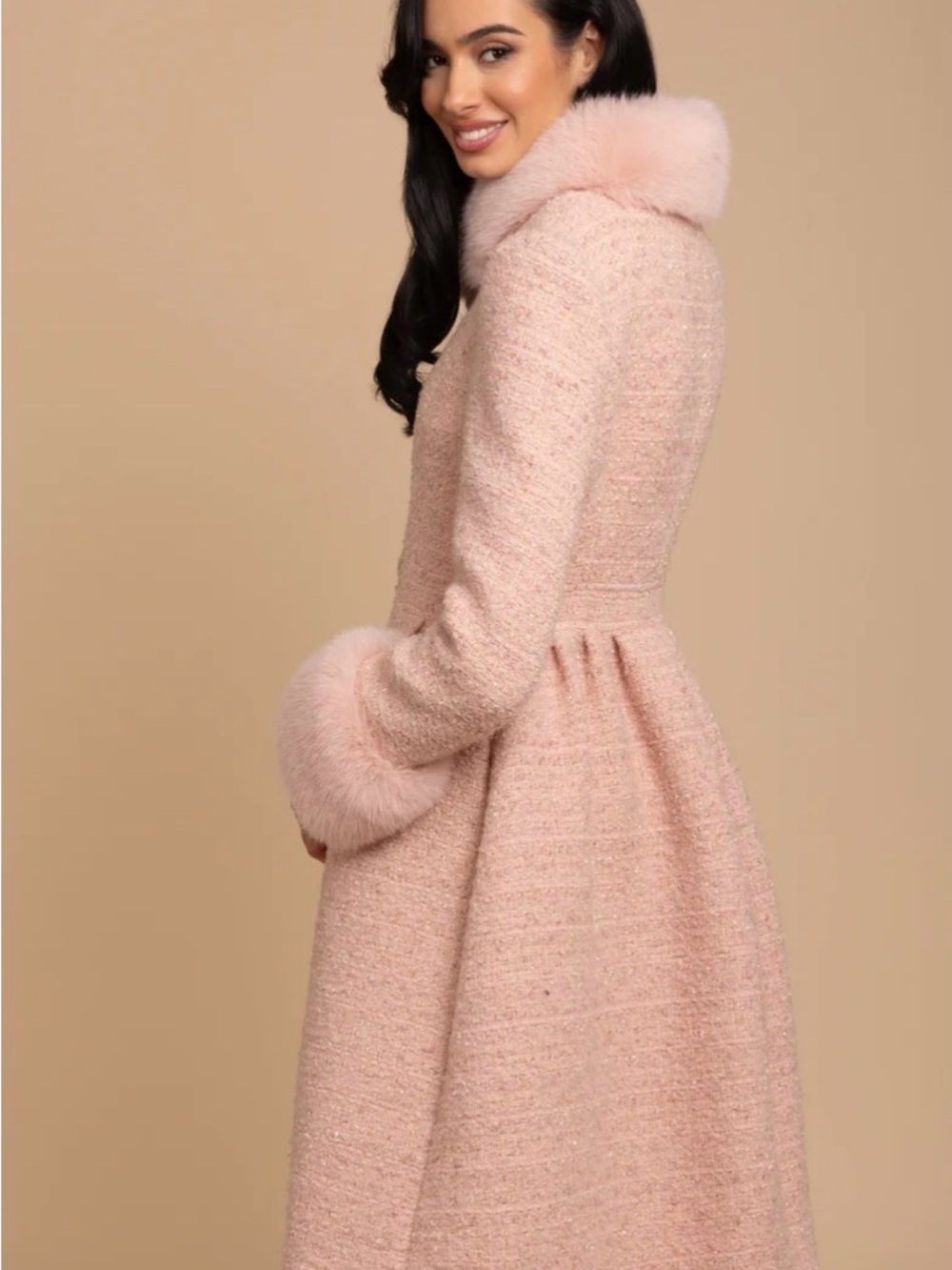 Women’s Pink Faux Fur-Trim Wool Blend Coat - Picture 3 of 10